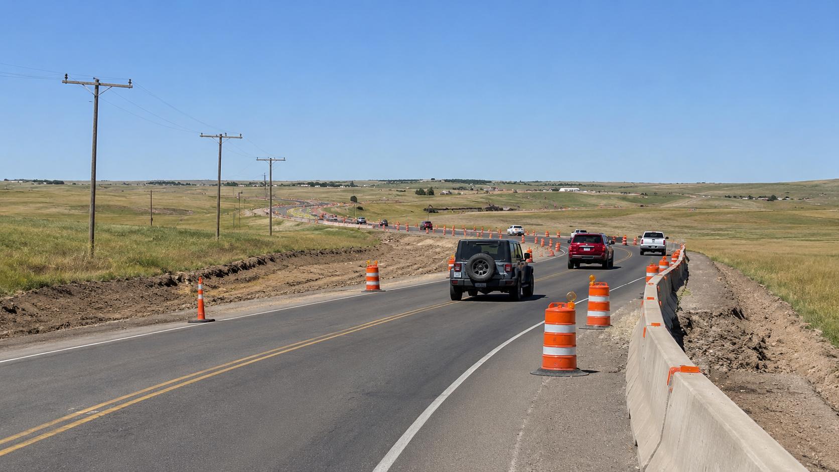Traffic cones and barriers channeling vehicles through the Business Loop work zone