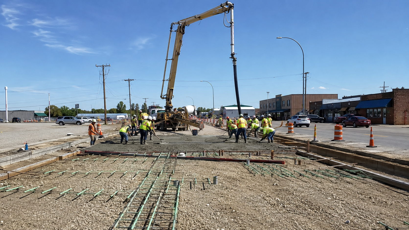 Road crew pouring and screeding concrete on the I-94 West Business Loop in Dickinson, ND