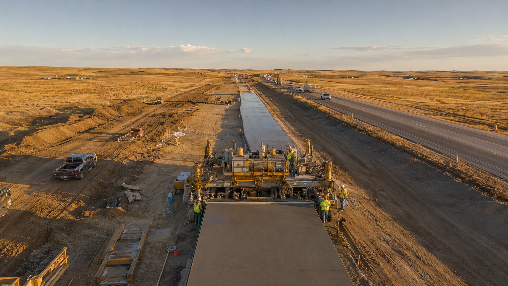 Concrete paving machine laying new roadway at sunset near Dickinson, North Dakota