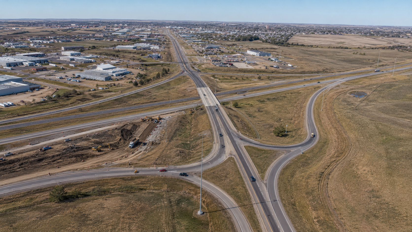 Aerial view of the I-94 interchange and Business Loop reconstruction outside Dickinson, ND